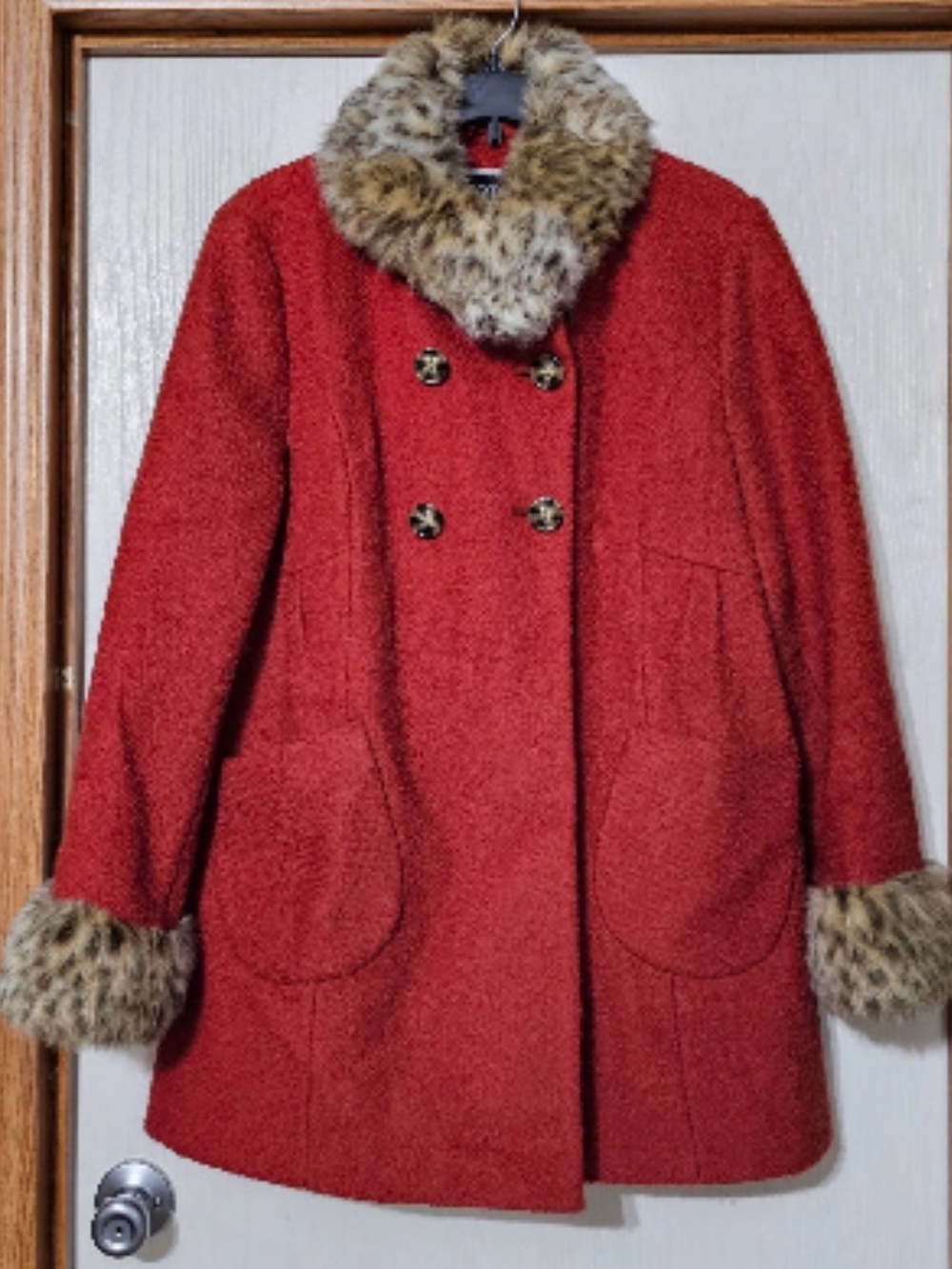 Apt. 9 Red Double-Breasted Pea Coat with Faux-Fur Trim